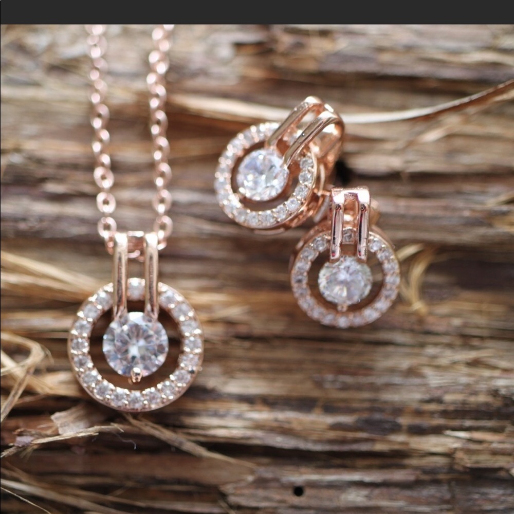 Halo Rose Gold Set CZ Necklace and Earrings